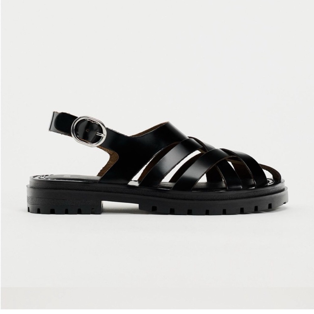 NWT Black Leather Zara Fisherman’s Lug Sole Sandals 37, Cage, Crisscross